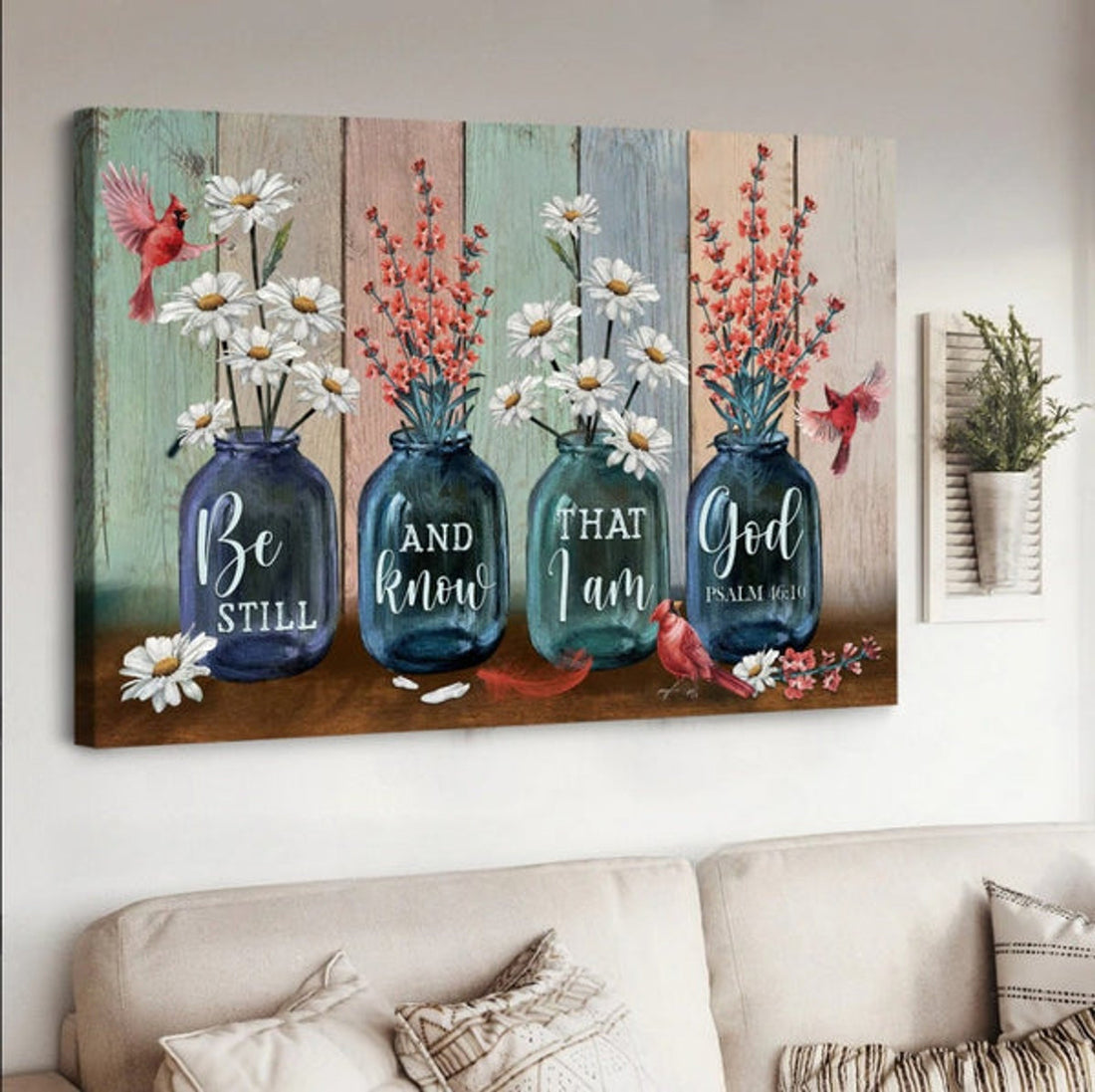 Red Apricot Blossom Daisy Flower Cardinal Be Still And Know That I Am God Canvas Wall Art - Christian Poster - Religious Wall Decor