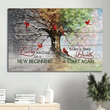 Red Cardinal Amazing Four Seasons Tree God Faith Framed Canvas Wall Art - Christian Wall Decor