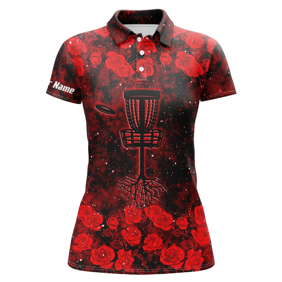 Custom Red Roses Pattern Disc Golf Basket Women Polo Shirts Custom Name Disc Golf Polo Shirts For Women, Perfect Gift For Women
