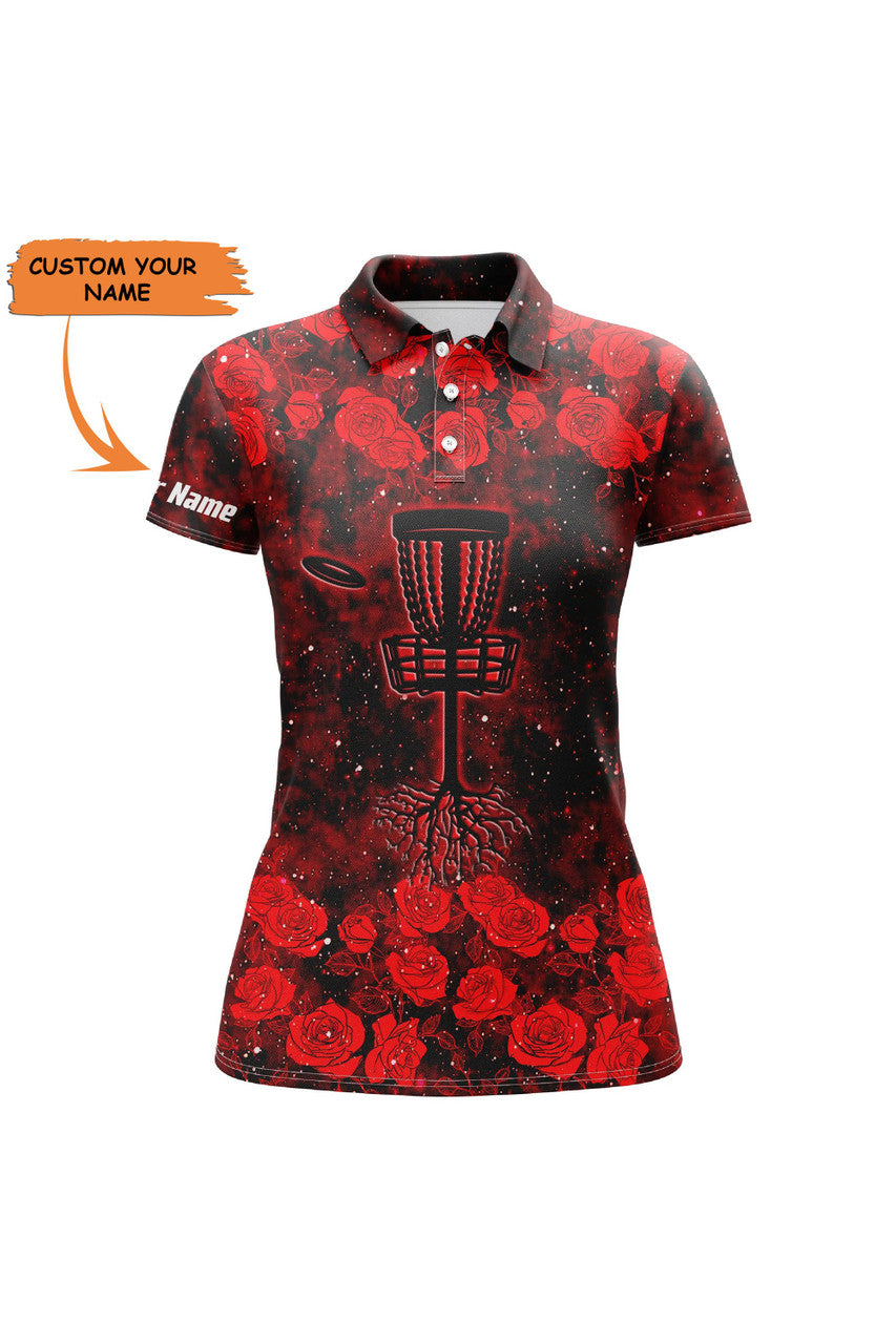 Custom Red Roses Pattern Disc Golf Basket Women Polo Shirts Custom Name Disc Golf Polo Shirts For Women, Perfect Gift For Women