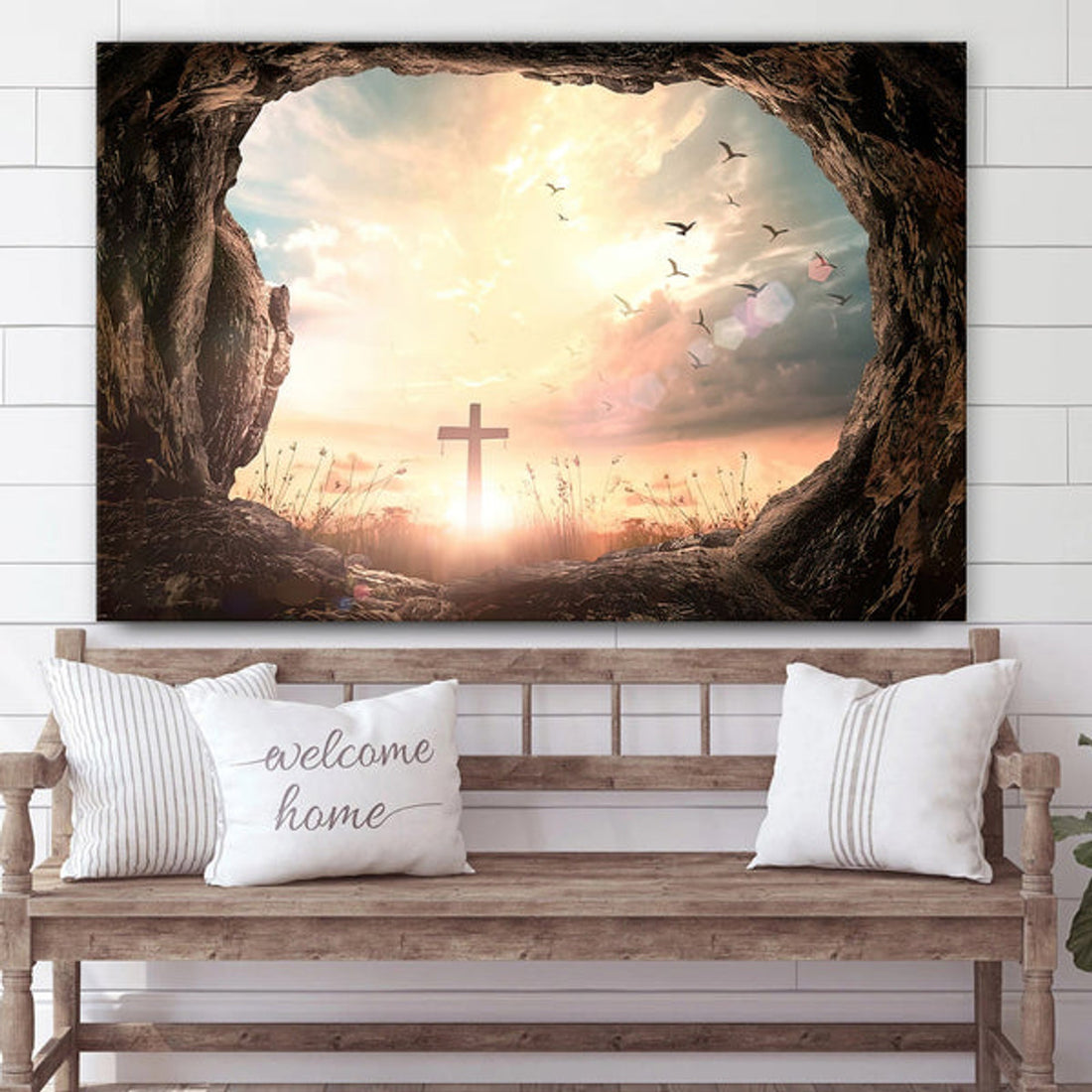 Resurrection Of Easter Sunday Empty Tomb Stone With Three Cross Canvas Pictures - Easter Canvas Wall Art