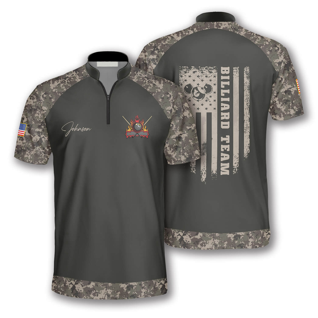 Custom Retro Camouflage Flag Custom Billiard Jerseys for Men, Uniform for Team Billiard, Flag Zipper Polo Shirt
