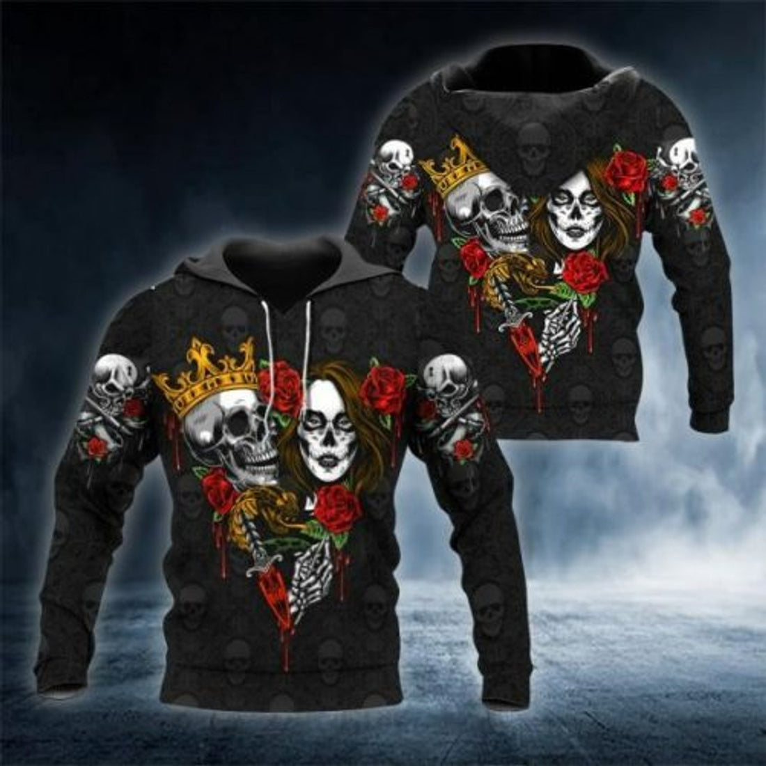 FUNSTUFFPRINT Matching Skull Rose Couple 3D Hoodie and Zip Hoodie