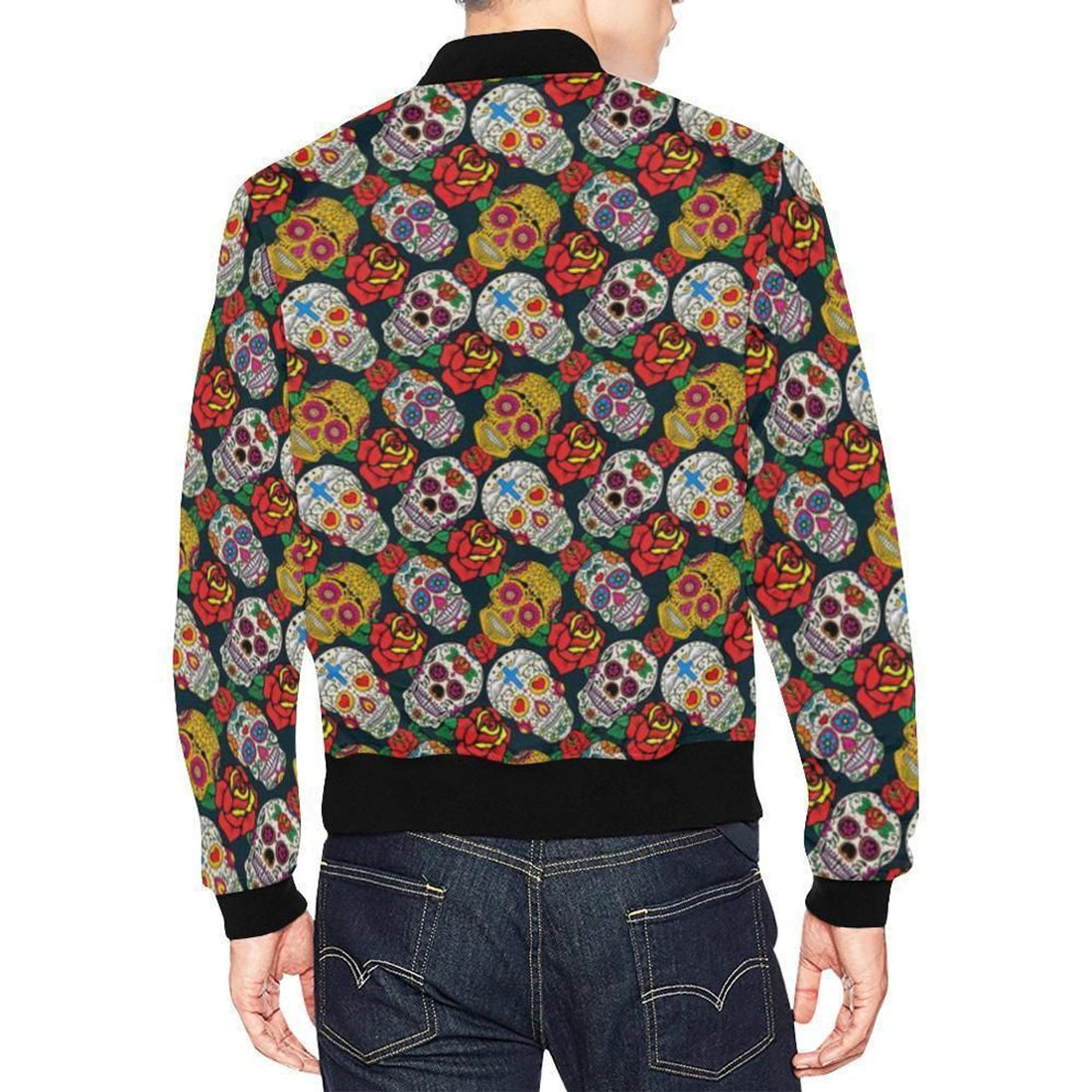 FUNSTUFFPRINT Rose Sugar Skull Skeleton Girly Floral Pattern Print Mens 3D Bomber Jacket