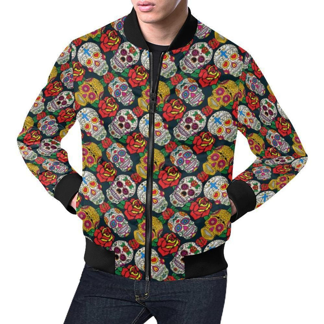 FUNSTUFFPRINT Rose Sugar Skull Skeleton Girly Floral Pattern Print Mens 3D Bomber Jacket