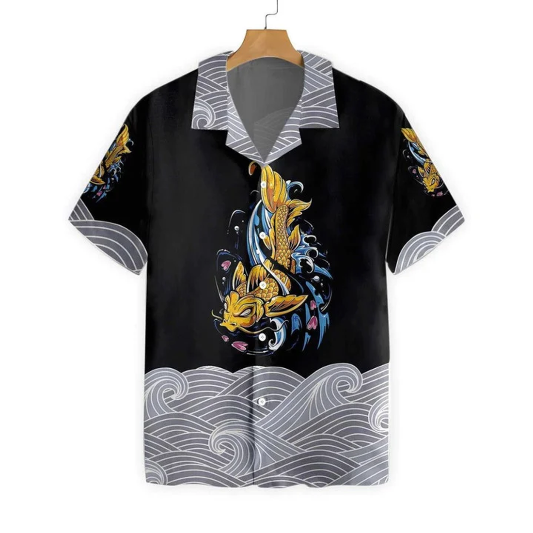 Royal Golden Koi Fish On Waves Hawaiian Shirt