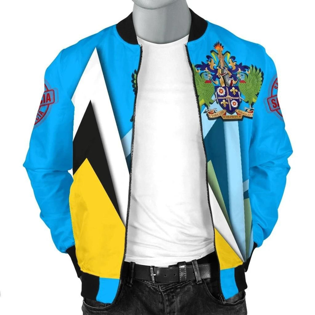 FUNSTUFFPRINT Saint Lucia Men's Bomber Jacket - Flag With Coat Of Arms - 3D Bomber Jacket
