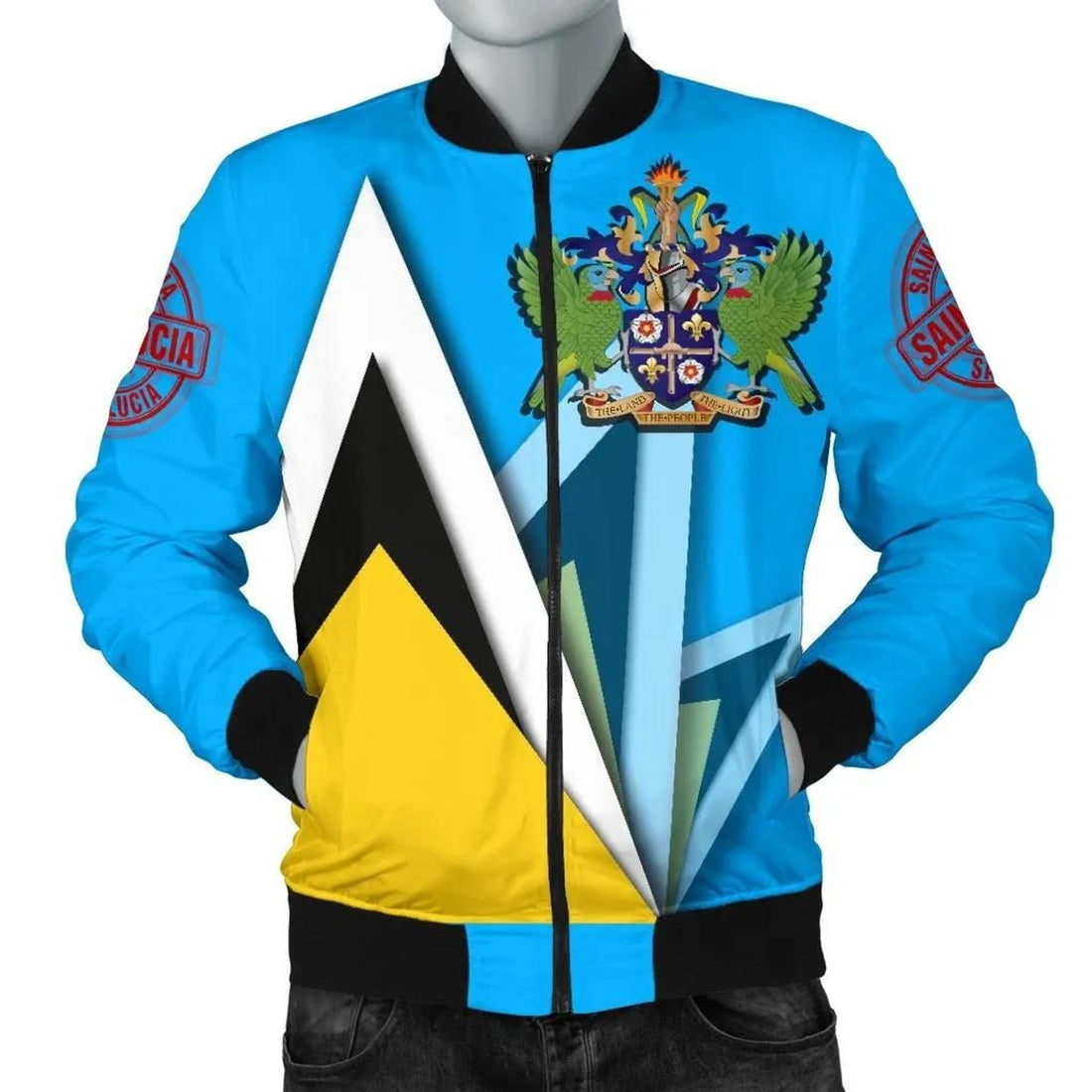 FUNSTUFFPRINT Saint Lucia Men's Bomber Jacket - Flag With Coat Of Arms - 3D Bomber Jacket