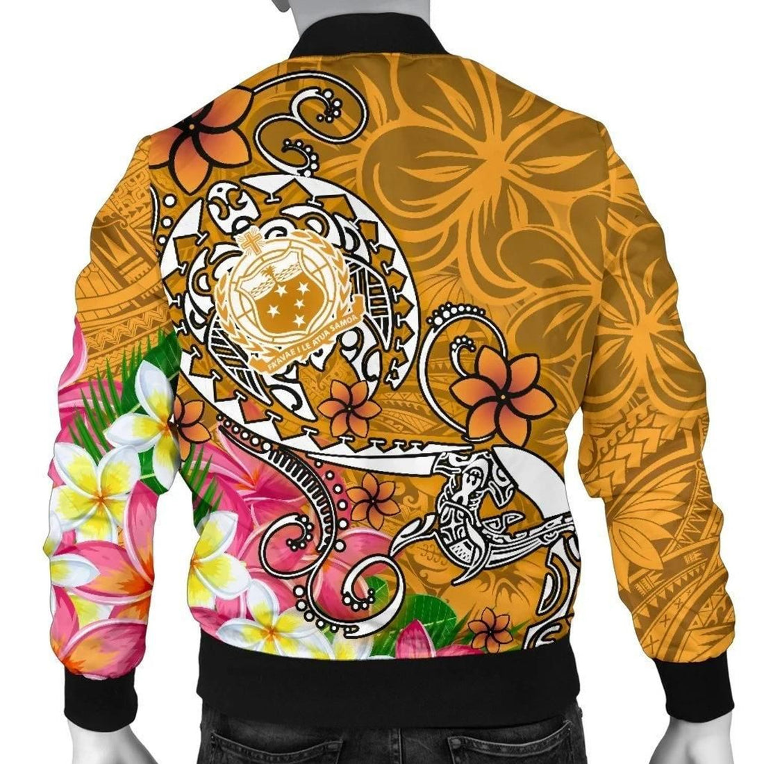 FUNSTUFFPRINT Samoa Custom Personalised Men's Bomber Jacket - Turtle Plumeria (Gold) - 3D Bomber Jacket