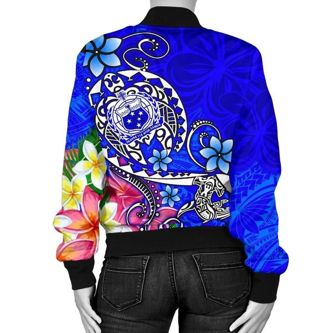 FUNSTUFFPRINT Samoa Custom Personalised Women's Bomber Jacket - Turtle Plumeria (Blue) - 3D Bomber Jacket