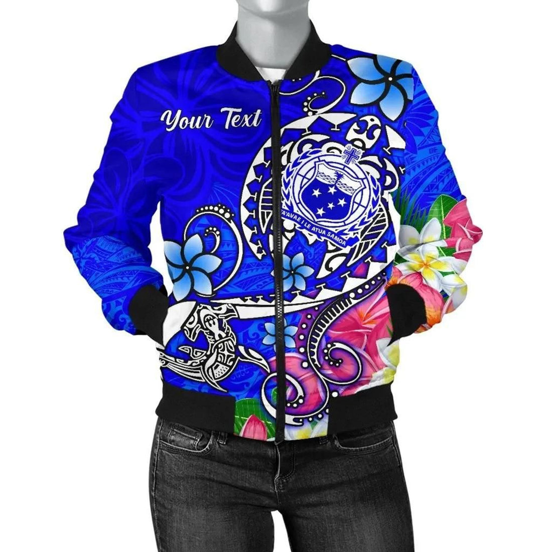FUNSTUFFPRINT Samoa Custom Personalised Women's Bomber Jacket - Turtle Plumeria (Blue) - 3D Bomber Jacket
