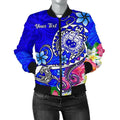 FUNSTUFFPRINT Samoa Custom Personalised Women's Bomber Jacket - Turtle Plumeria (Blue) - 3D Bomber Jacket