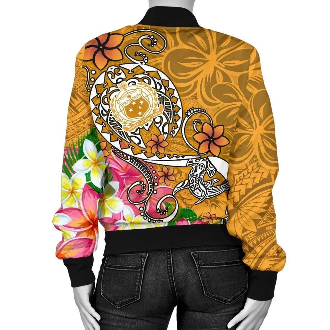 FUNSTUFFPRINT Samoa Custom Personalised Women's Bomber Jacket - Turtle Plumeria (Gold) - 3D Bomber Jacket