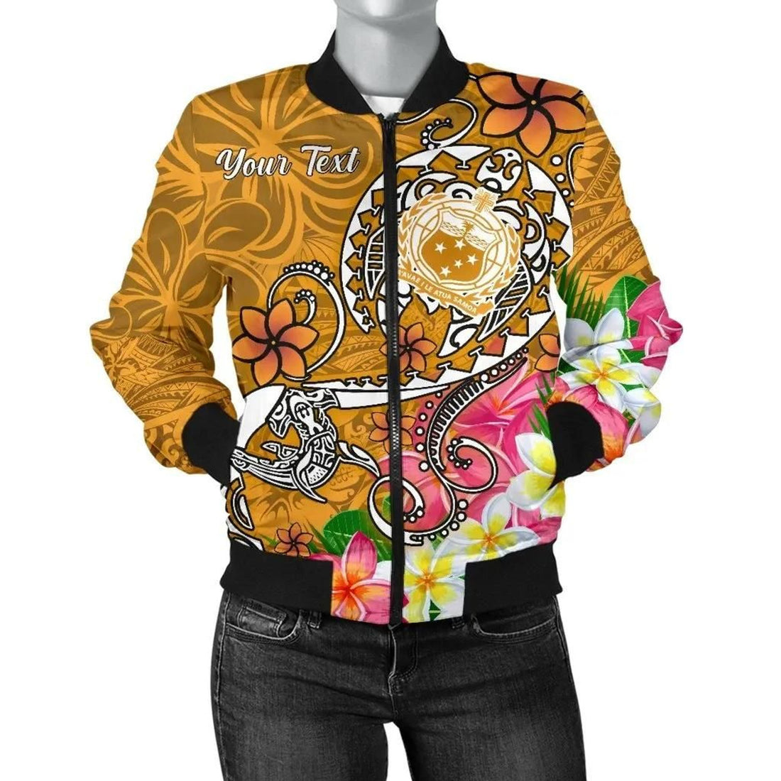 FUNSTUFFPRINT Samoa Custom Personalised Women's Bomber Jacket - Turtle Plumeria (Gold) - 3D Bomber Jacket