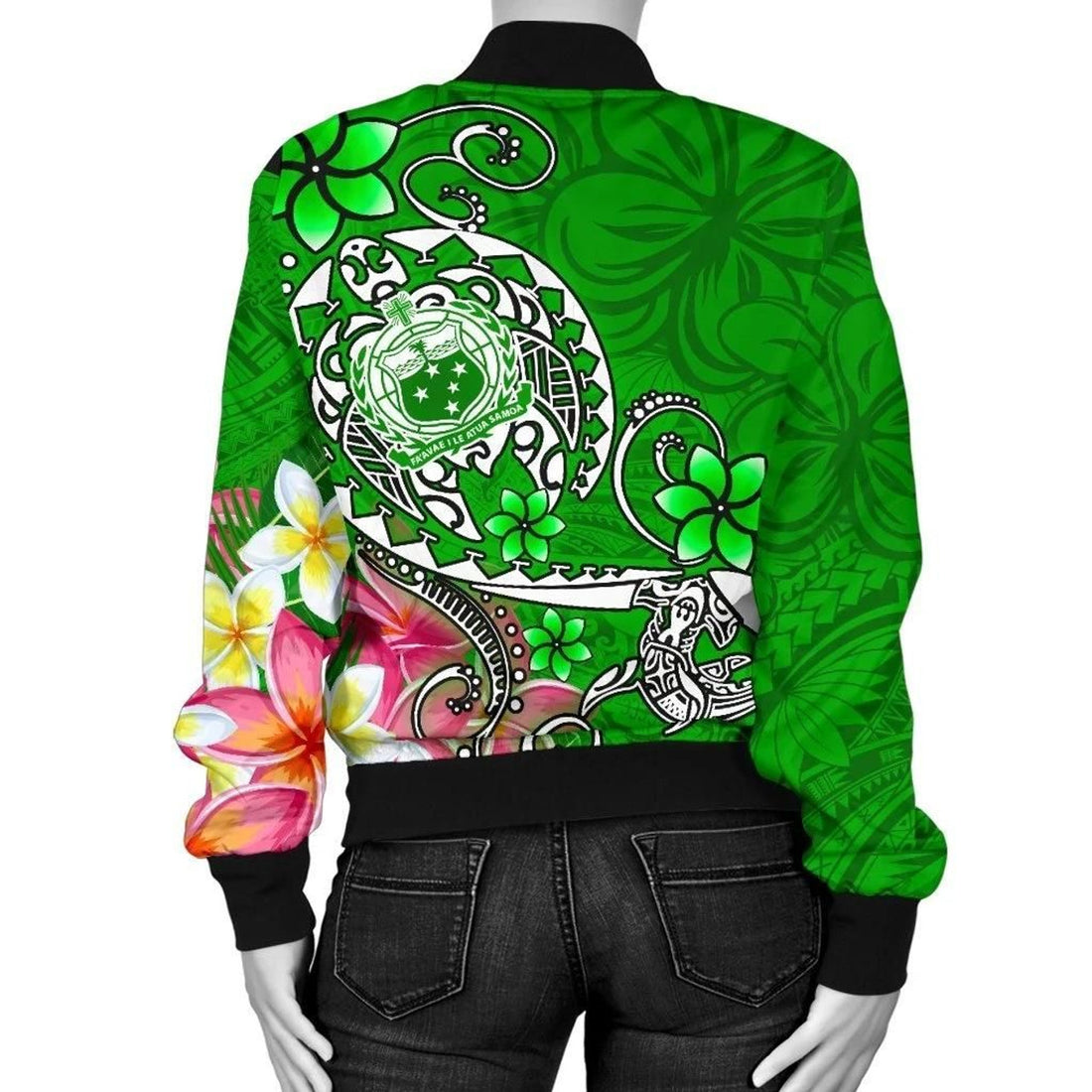 FUNSTUFFPRINT Samoa Custom Personalised Women's Bomber Jacket - Turtle Plumeria (Green) - 3D Bomber Jacket