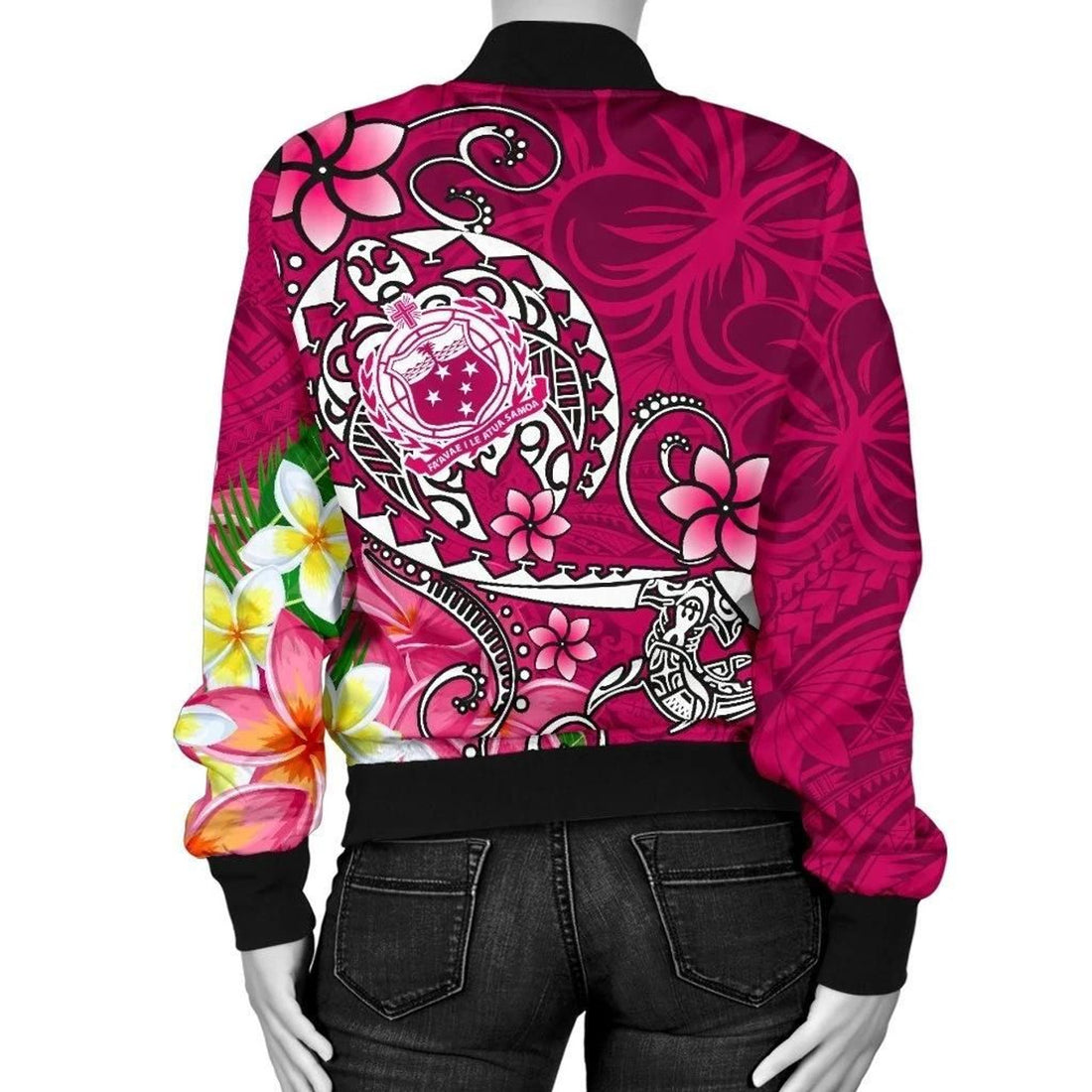 FUNSTUFFPRINT Samoa Custom Personalised Women's Bomber Jacket - Turtle Plumeria (Pink) - 3D Bomber Jacket