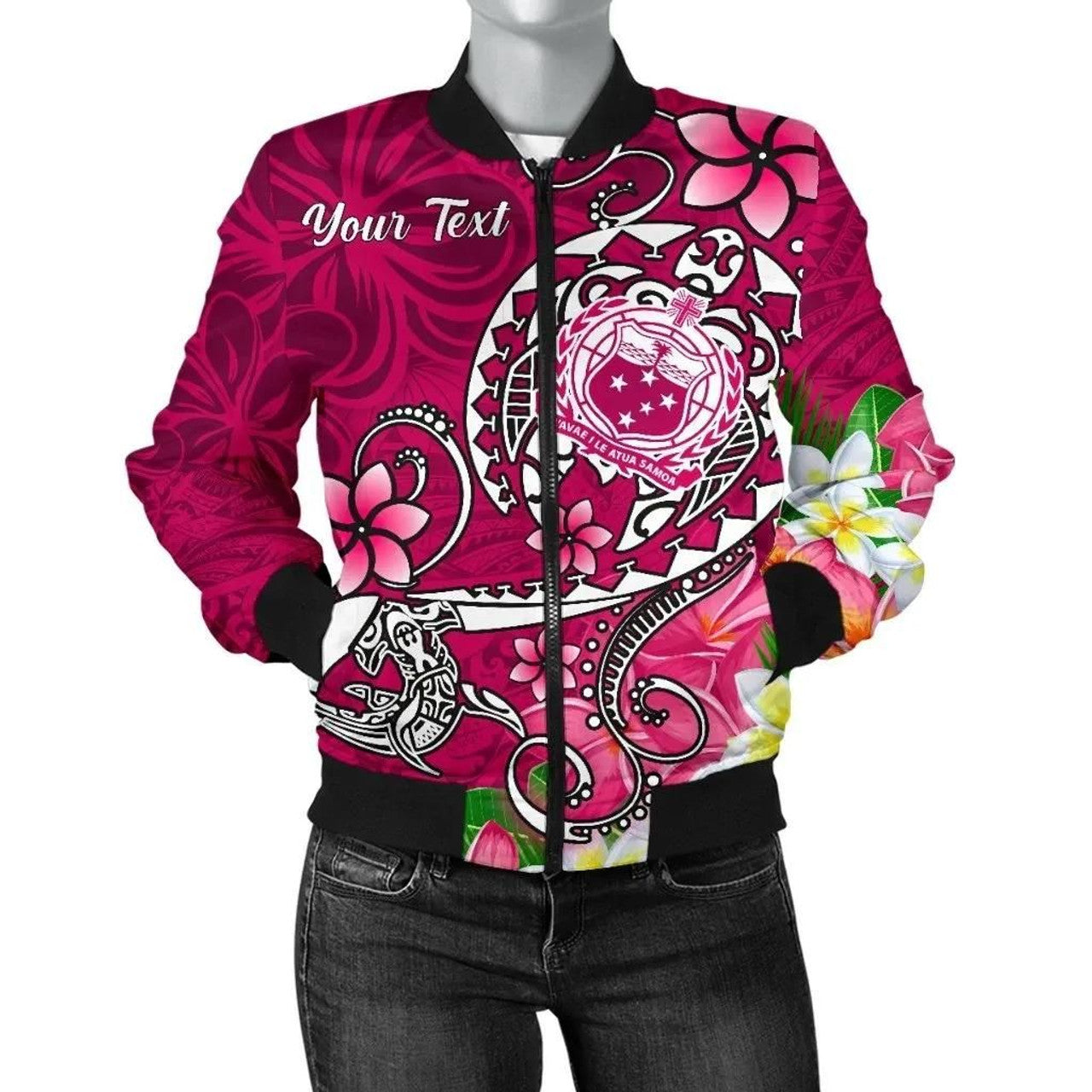 FUNSTUFFPRINT Samoa Custom Personalised Women's Bomber Jacket - Turtle Plumeria (Pink) - 3D Bomber Jacket