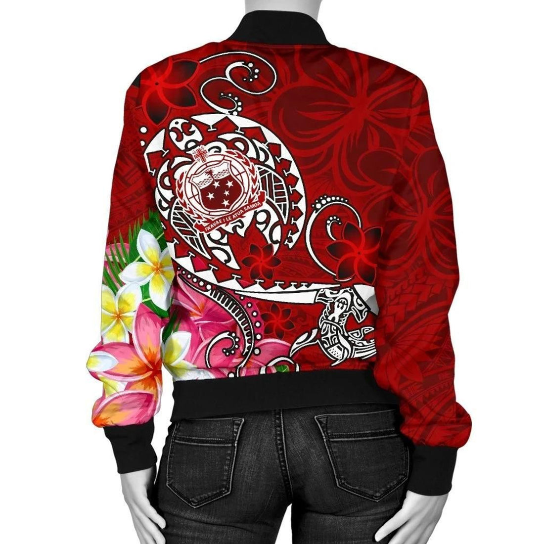 FUNSTUFFPRINT Samoa Custom Personalised Women's Bomber Jacket - Turtle Plumeria (Red) - 3D Bomber Jacket