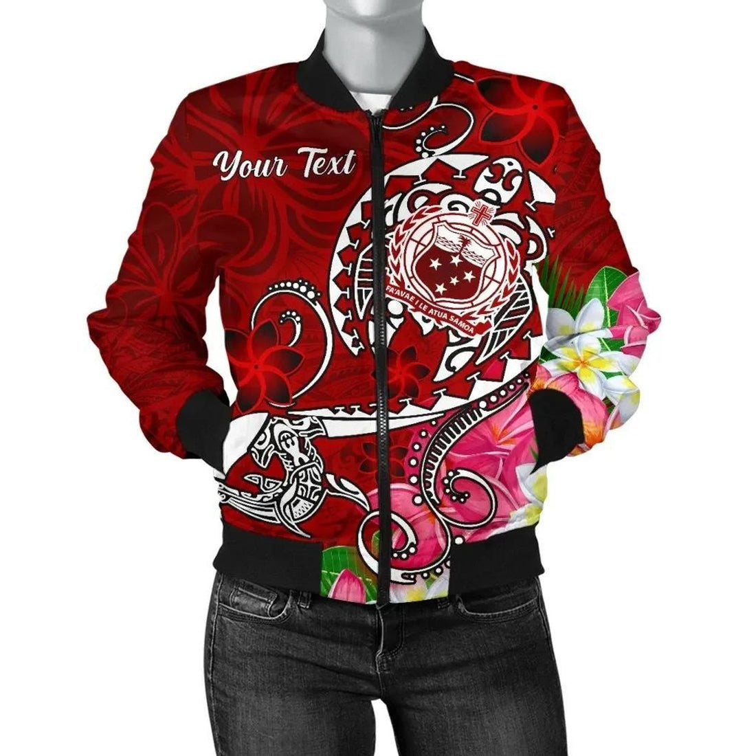FUNSTUFFPRINT Samoa Custom Personalised Women's Bomber Jacket - Turtle Plumeria (Red) - 3D Bomber Jacket