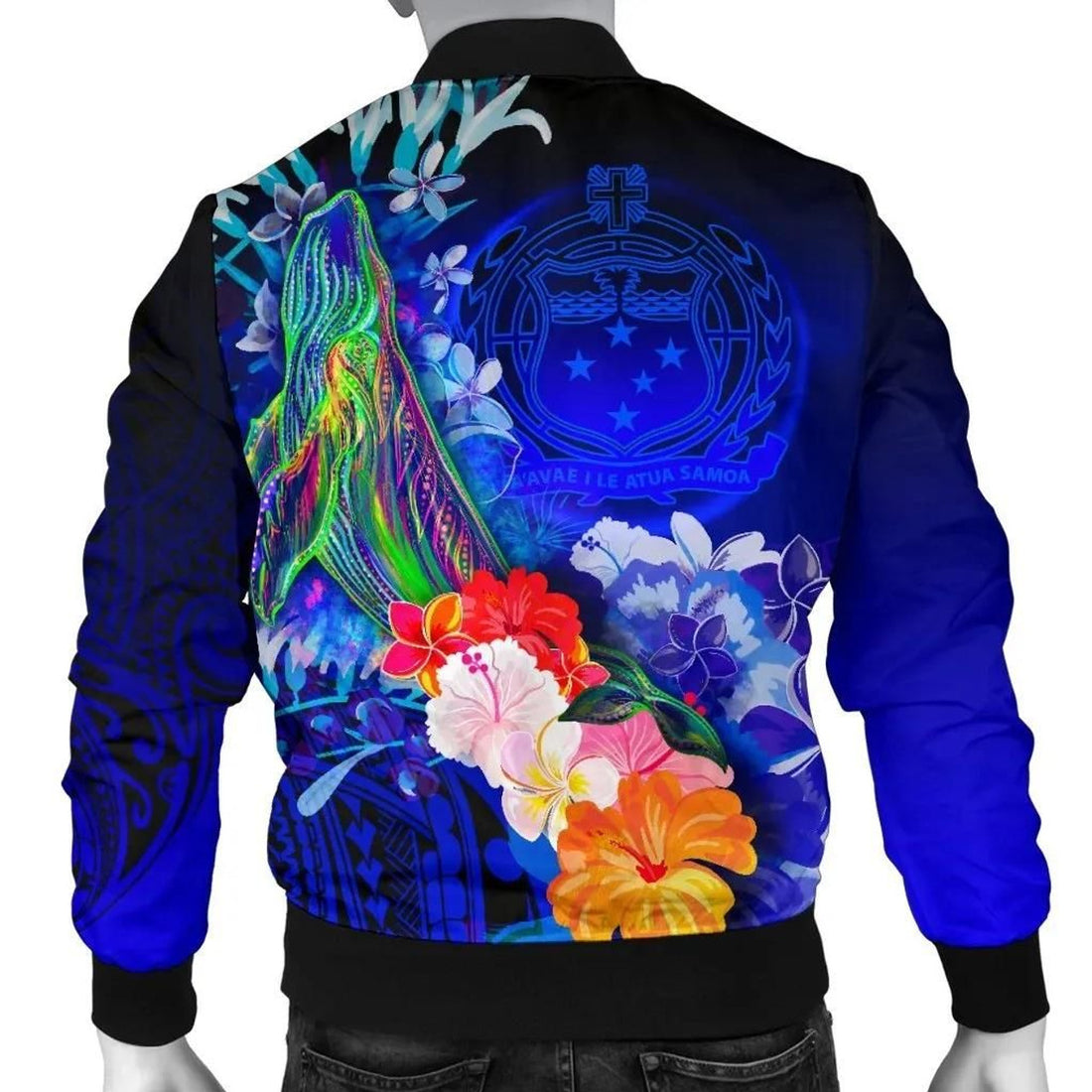 FUNSTUFFPRINT Samoa Men's Bomber Jacket - Humpback Whale with Tropical Flowers (Blue)- 3D Bomber Jacket