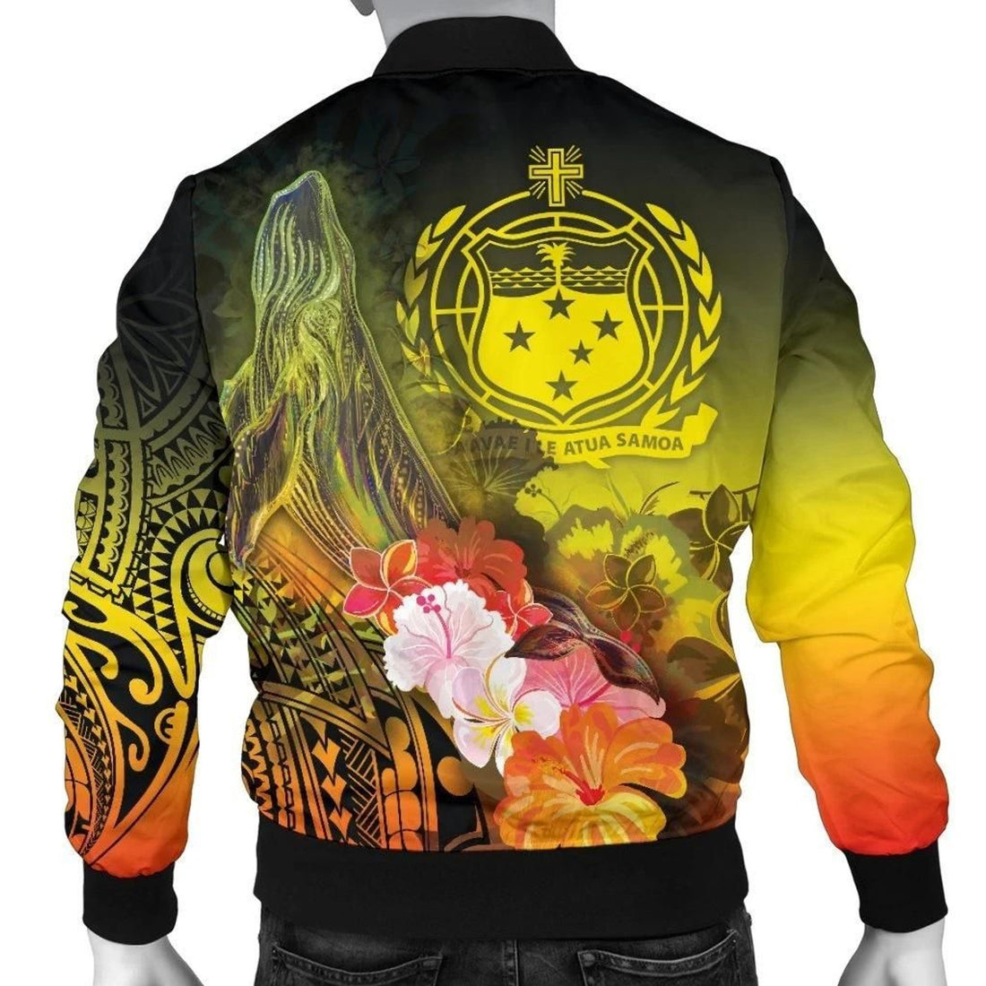FUNSTUFFPRINT Samoa Men's Bomber Jacket- Humpback Whale with Tropical Flowers (Yellow)- 3D Bomber Jacket