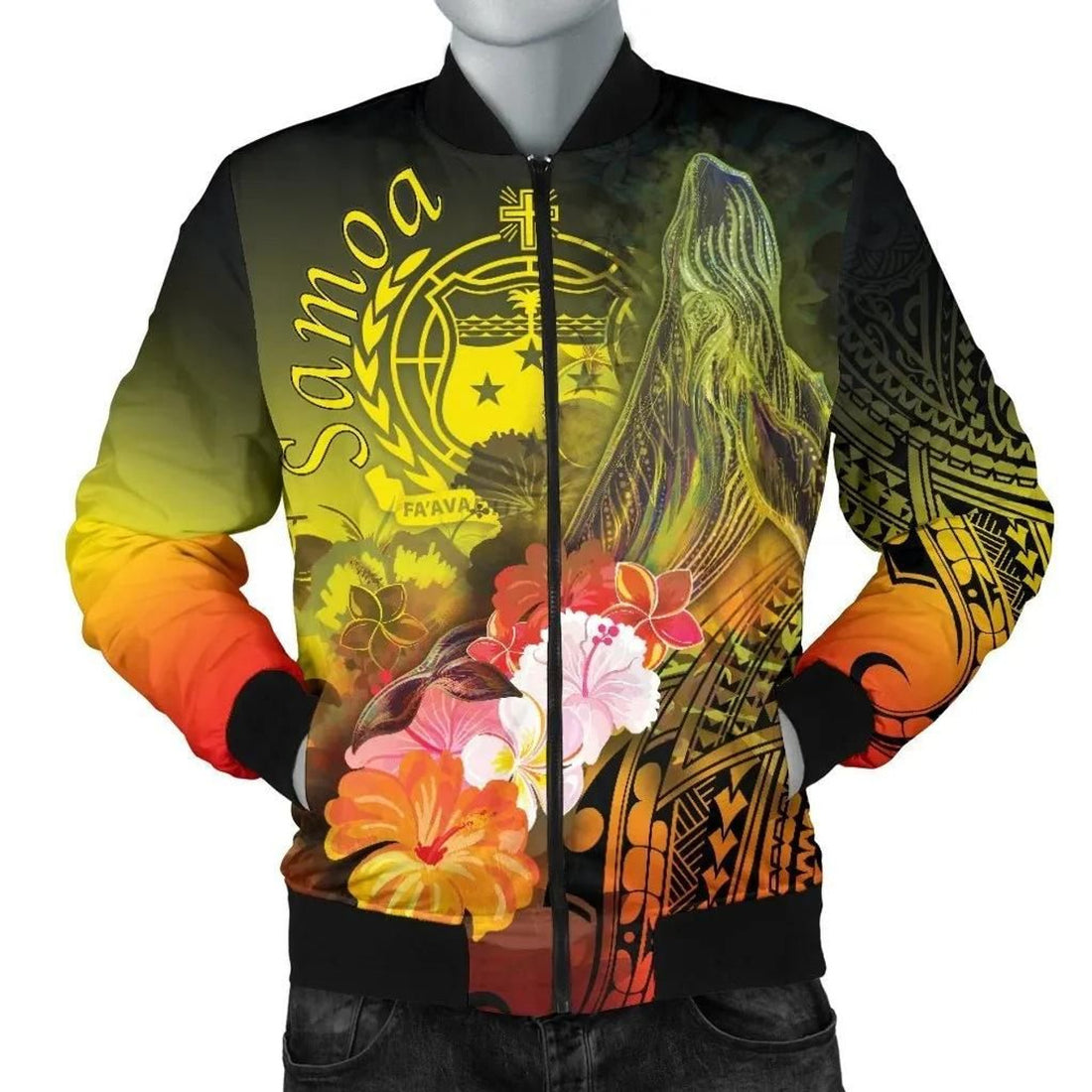 FUNSTUFFPRINT Samoa Men's Bomber Jacket- Humpback Whale with Tropical Flowers (Yellow)- 3D Bomber Jacket