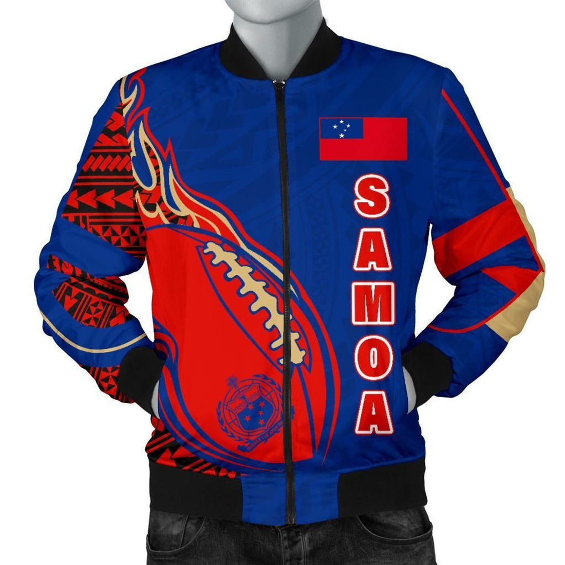 FUNSTUFFPRINT Samoa Men's Bomber Jacket - Rugby Ball Fire - 3D Bomber Jacket