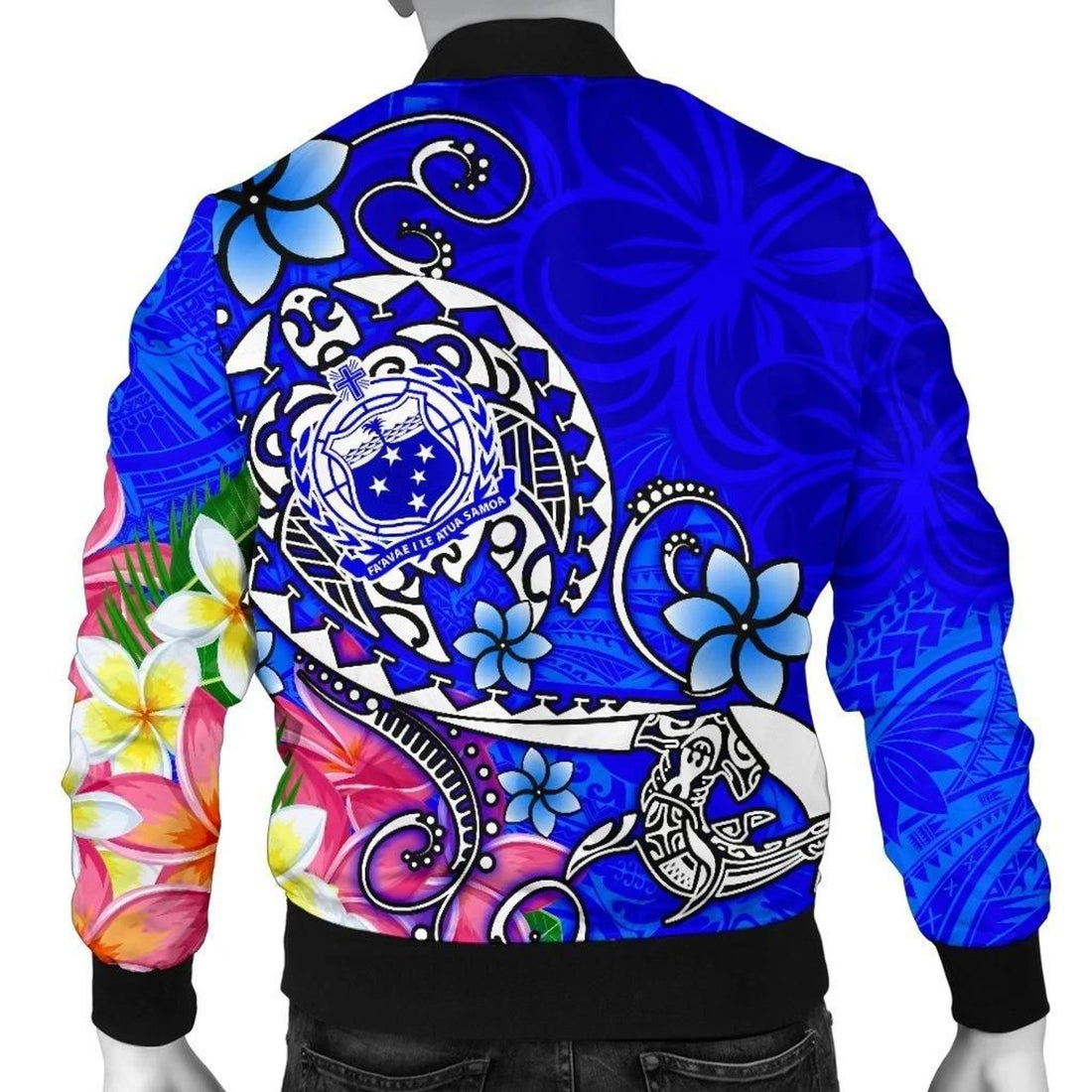 FUNSTUFFPRINT Samoa Men's Bomber Jacket - Turtle Plumeria (Blue) - 3D Bomber Jacket