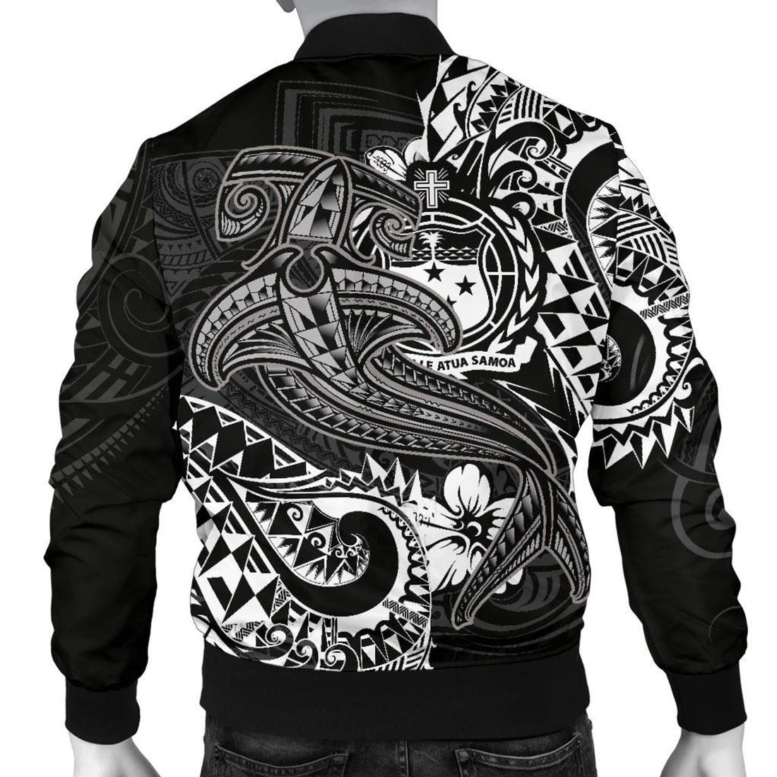 FUNSTUFFPRINT Samoa Men's Bomber Jacket - White Shark Polynesian Tattoo - 3D Bomber Jacket
