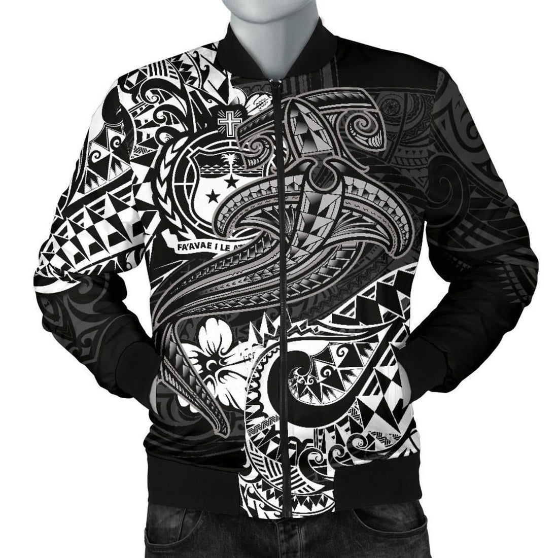 FUNSTUFFPRINT Samoa Men's Bomber Jacket - White Shark Polynesian Tattoo - 3D Bomber Jacket