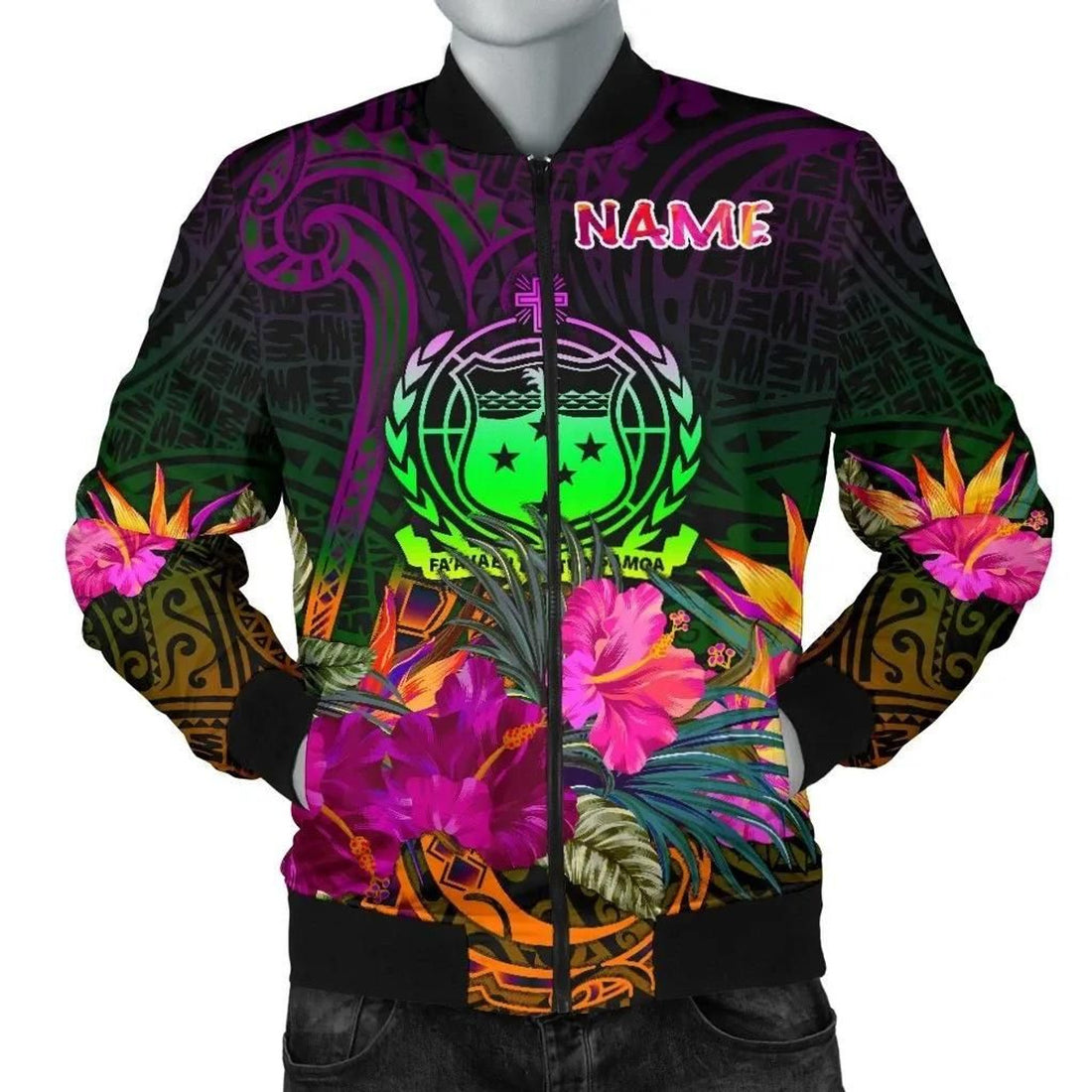 FUNSTUFFPRINT Samoa Personalised Men's Bomber Jacket - Summer Hibiscus - 3D Bomber Jacket