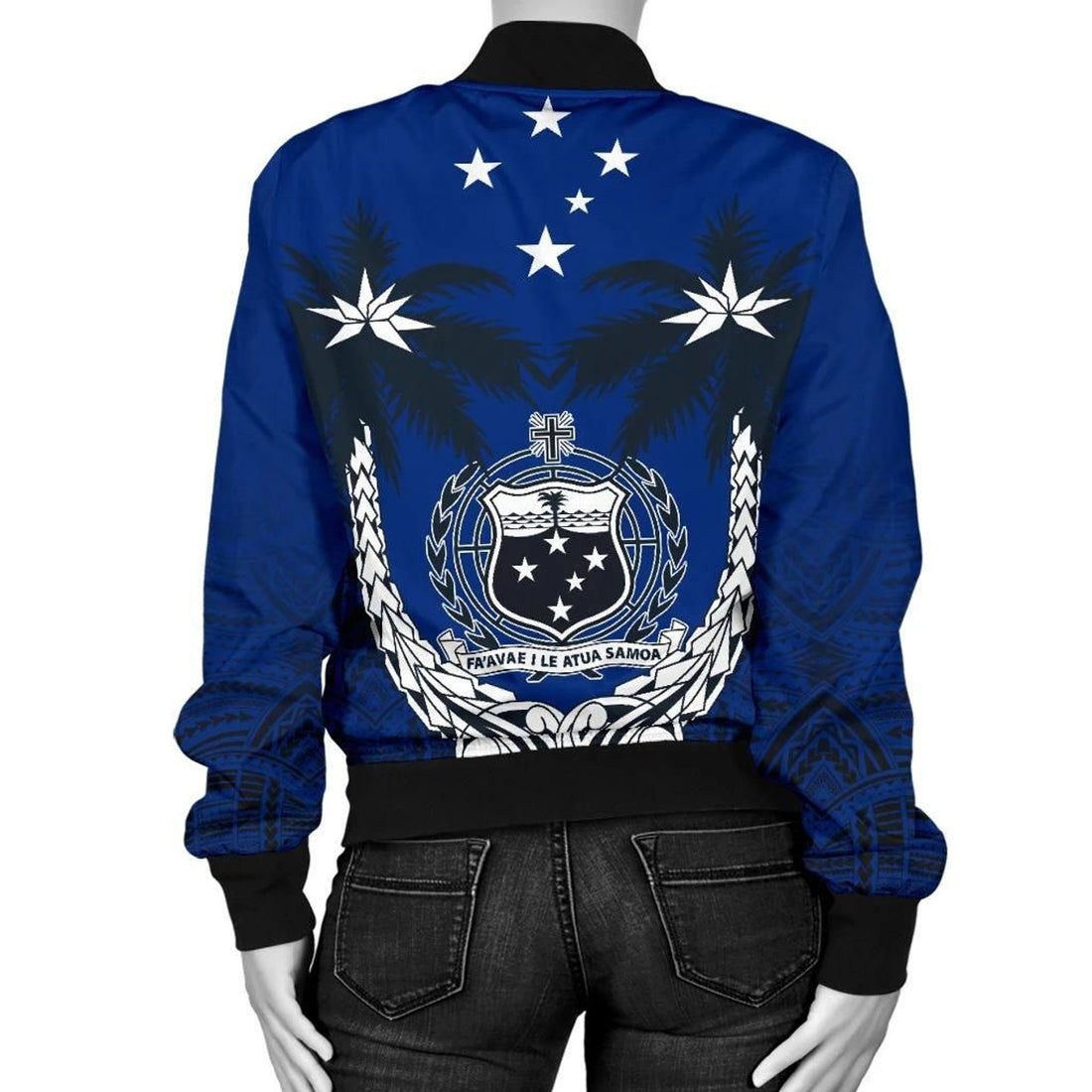 FUNSTUFFPRINT Samoa Polynesian Coconut Women's Bomber Jacket (Blue) 3D Bomber Jacket