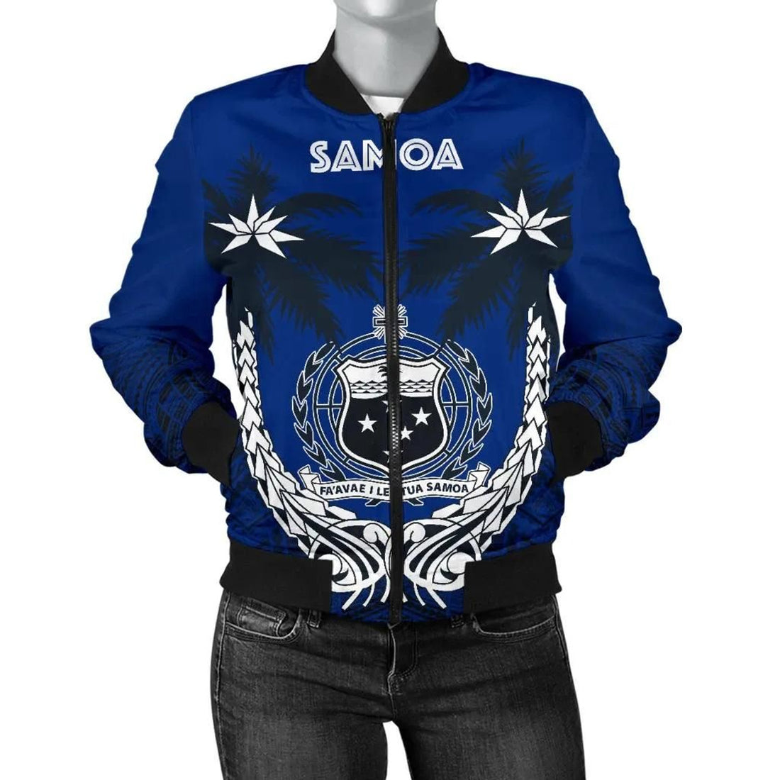 FUNSTUFFPRINT Samoa Polynesian Coconut Women's Bomber Jacket (Blue) 3D Bomber Jacket