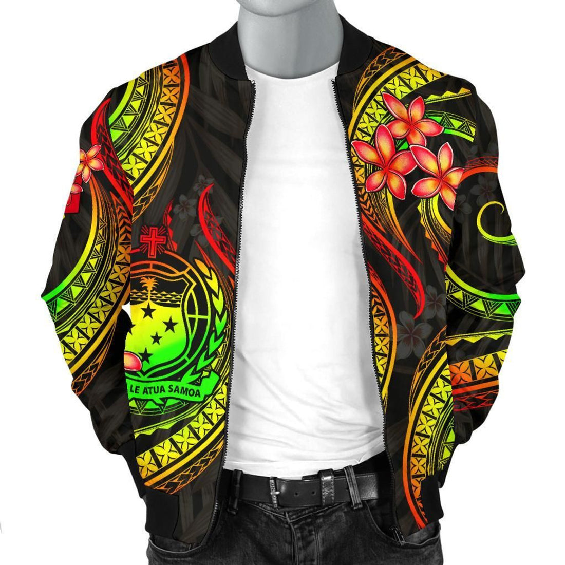 FUNSTUFFPRINT Samoa Polynesian Men Bomber Jacket - Reggae Plumeria - 3D Bomber Jacket