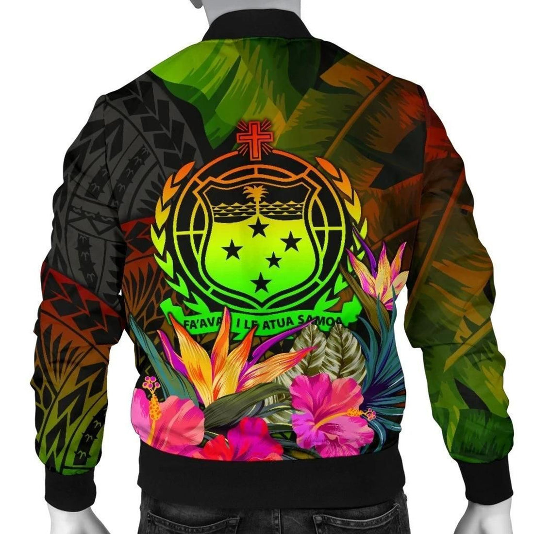FUNSTUFFPRINT Samoa Polynesian Men's Bomber Jacket - Hibiscus and Banana Leaves - 3D Bomber Jacket
