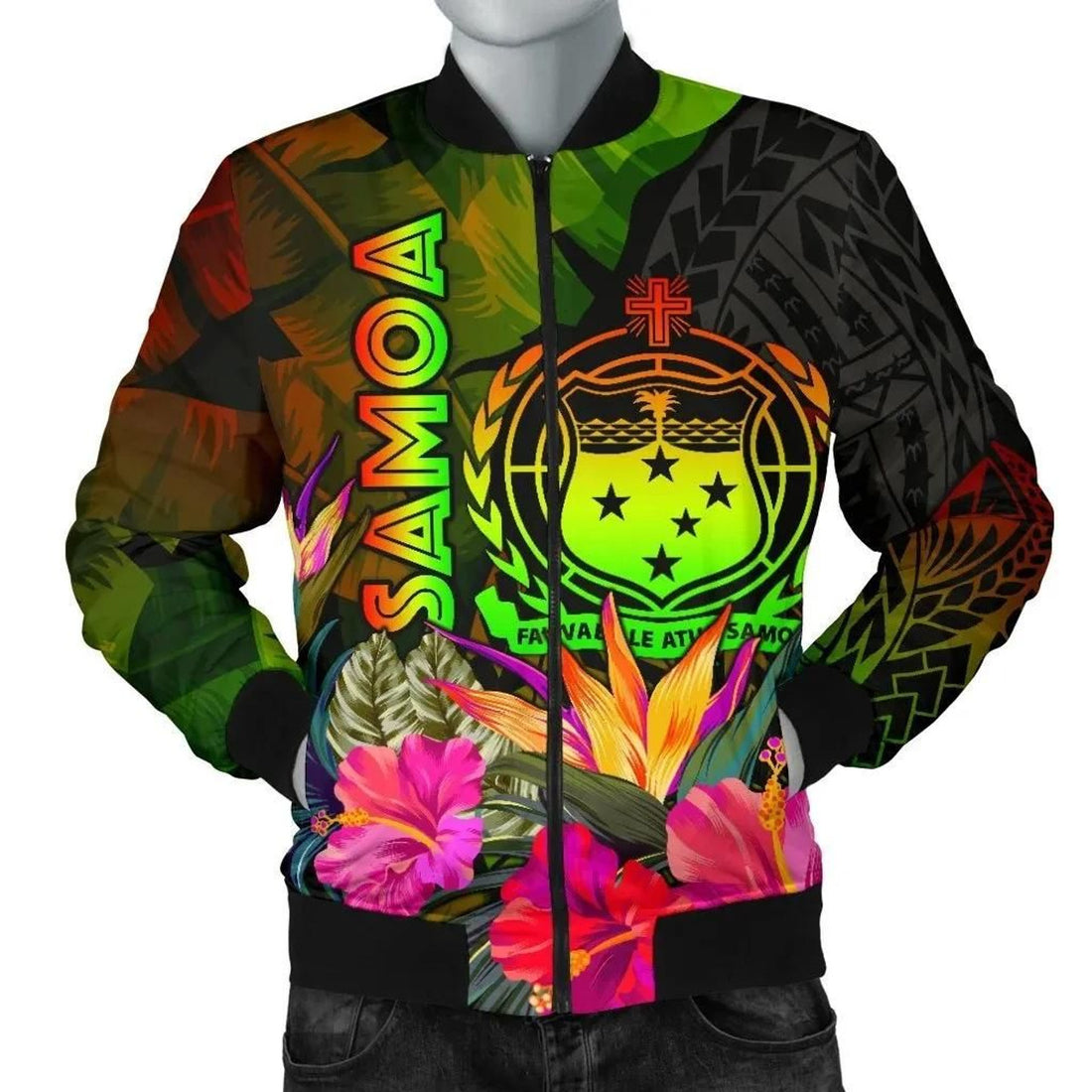 FUNSTUFFPRINT Samoa Polynesian Men's Bomber Jacket - Hibiscus and Banana Leaves - 3D Bomber Jacket