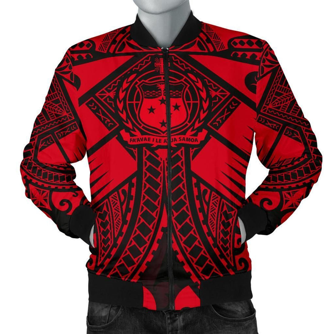 FUNSTUFFPRINT Samoa Polynesian Men's Bomber Jacket - Samoa Red Seal with Polynesian Tattoo - 3D Bomber Jacket