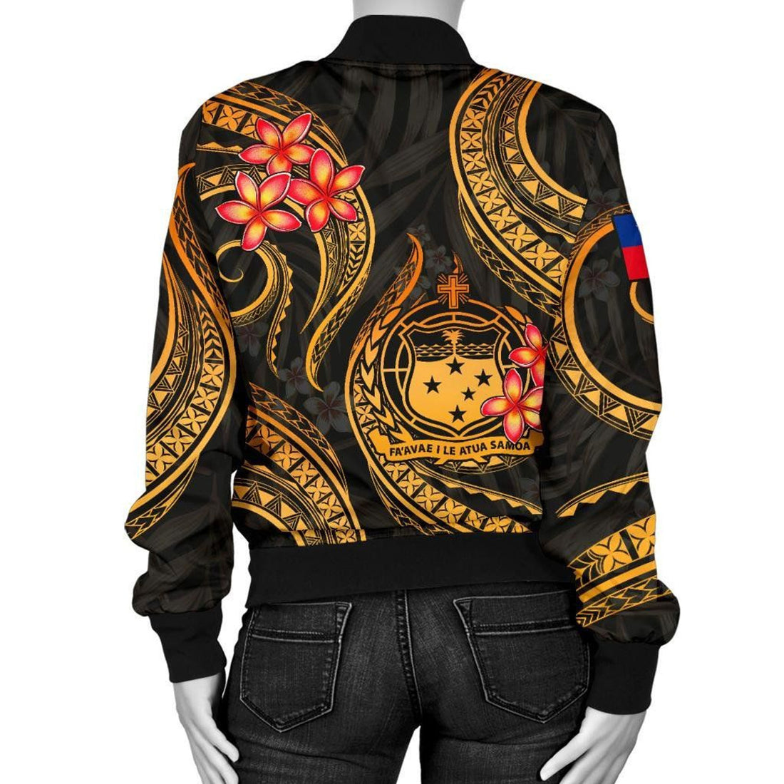 FUNSTUFFPRINT Samoa Polynesian Women Bomber Jacket - Gold Plumeria - 3D Bomber Jacket