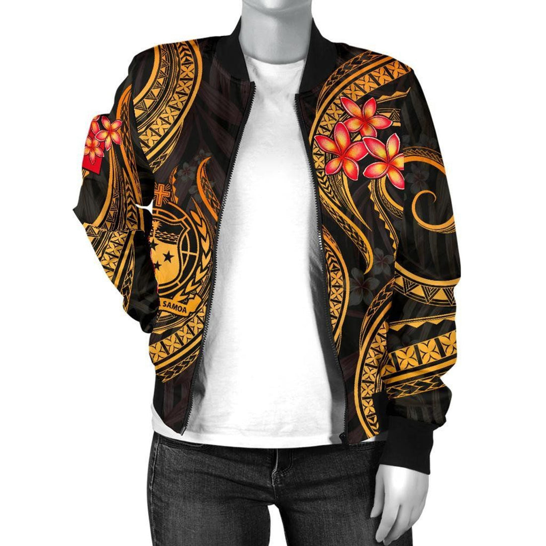 FUNSTUFFPRINT Samoa Polynesian Women Bomber Jacket - Gold Plumeria - 3D Bomber Jacket