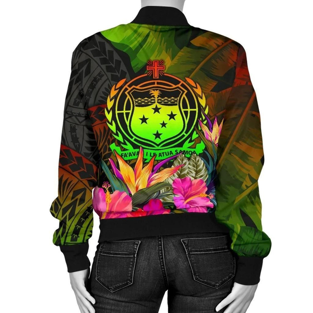 FUNSTUFFPRINT Samoa Polynesian Women's Bomber Jacket - Hibiscus and Banana Leaves - 3D Bomber Jacket