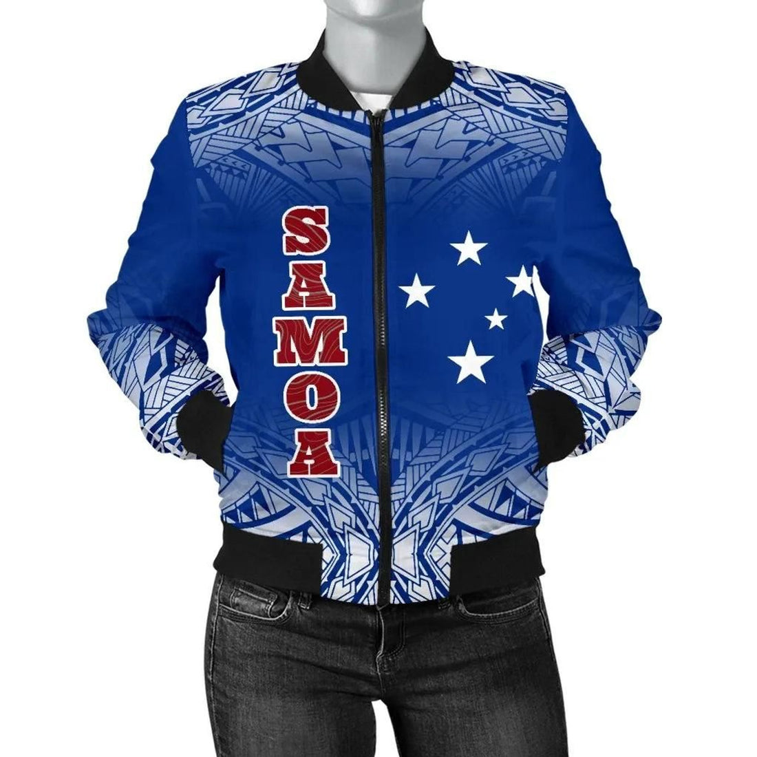 FUNSTUFFPRINT Samoa Women's Bomber Jacket - Polynesian Fog Blue - 3D Bomber Jacket
