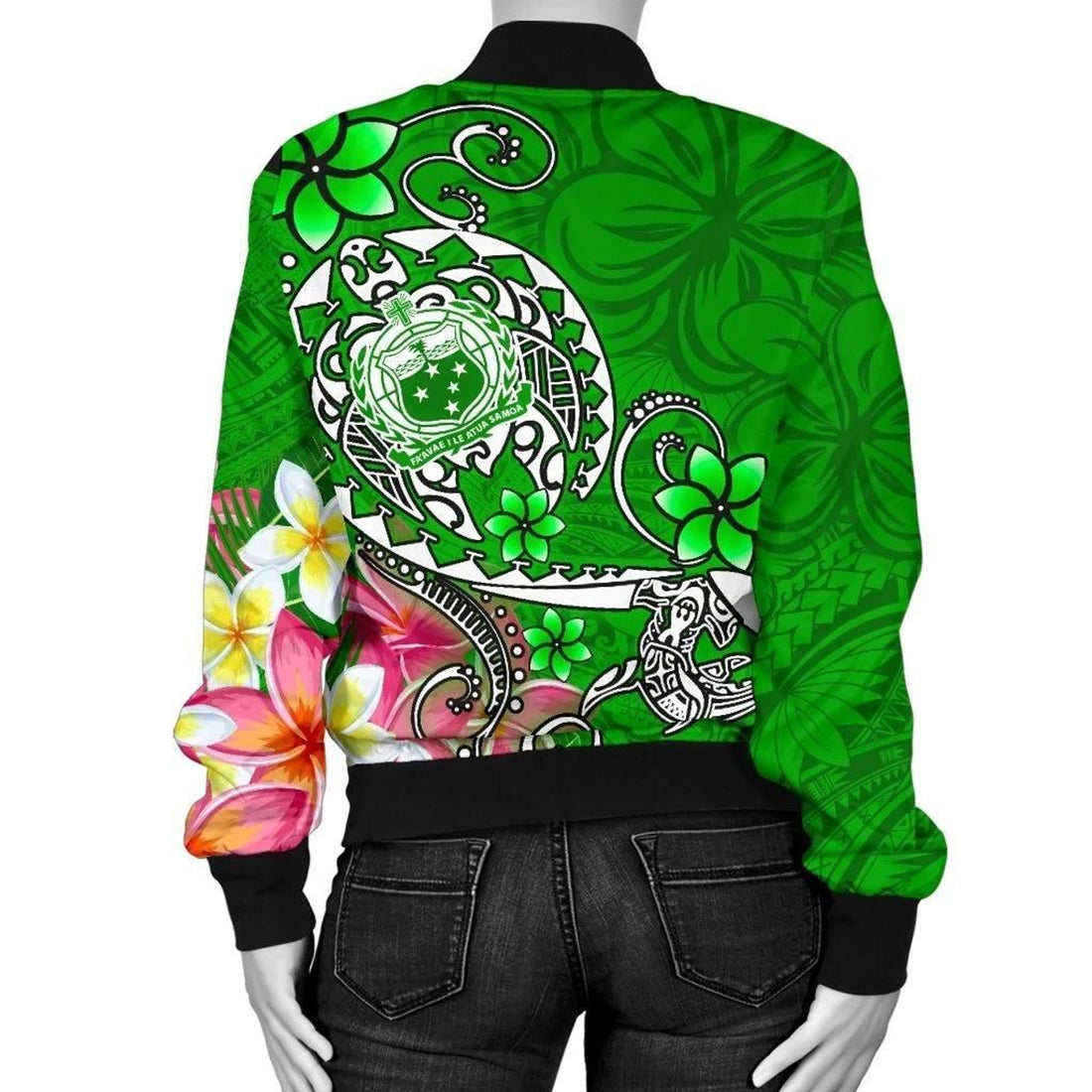 FUNSTUFFPRINT Samoa Women's Bomber Jacket - Turtle Plumeria (Green) - 3D Bomber Jacket
