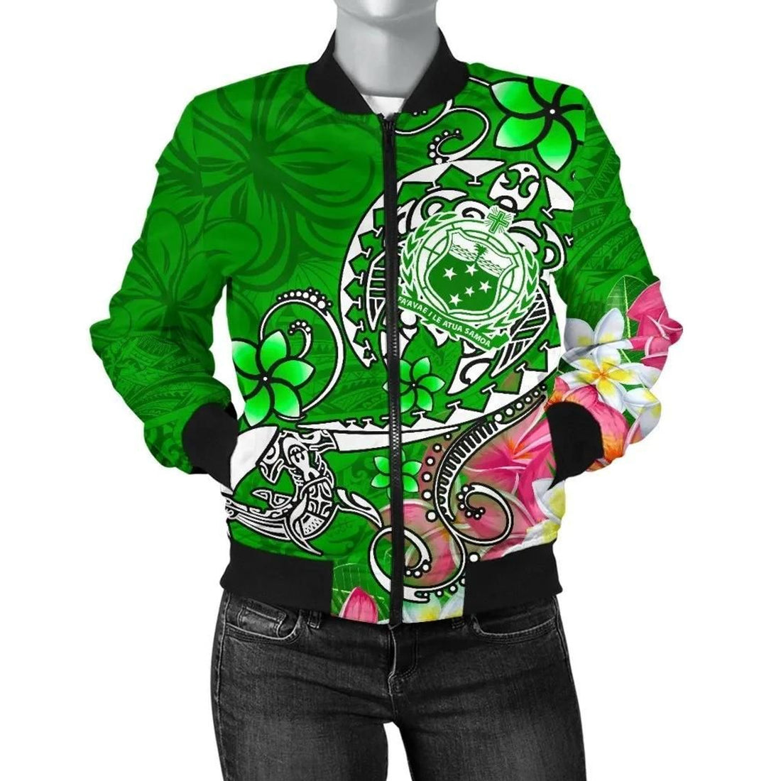 FUNSTUFFPRINT Samoa Women's Bomber Jacket - Turtle Plumeria (Green) - 3D Bomber Jacket