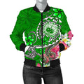 FUNSTUFFPRINT Samoa Women's Bomber Jacket - Turtle Plumeria (Green) - 3D Bomber Jacket