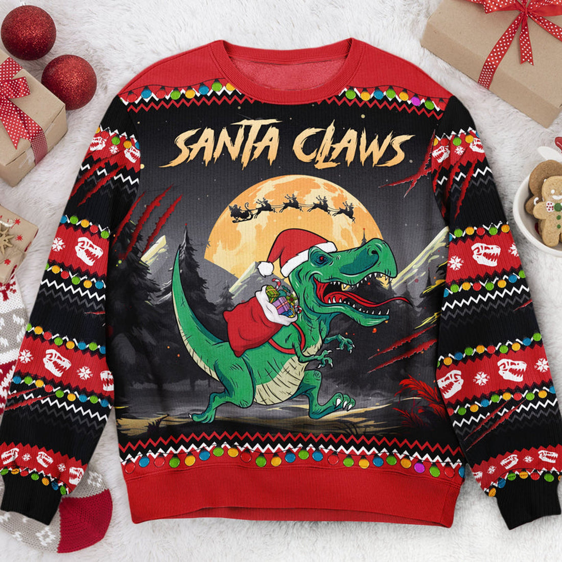 FUNSTUFFPRINT Custom Santa Claws T-Rex Christmas Dinosaur Santa Ugly Sweater