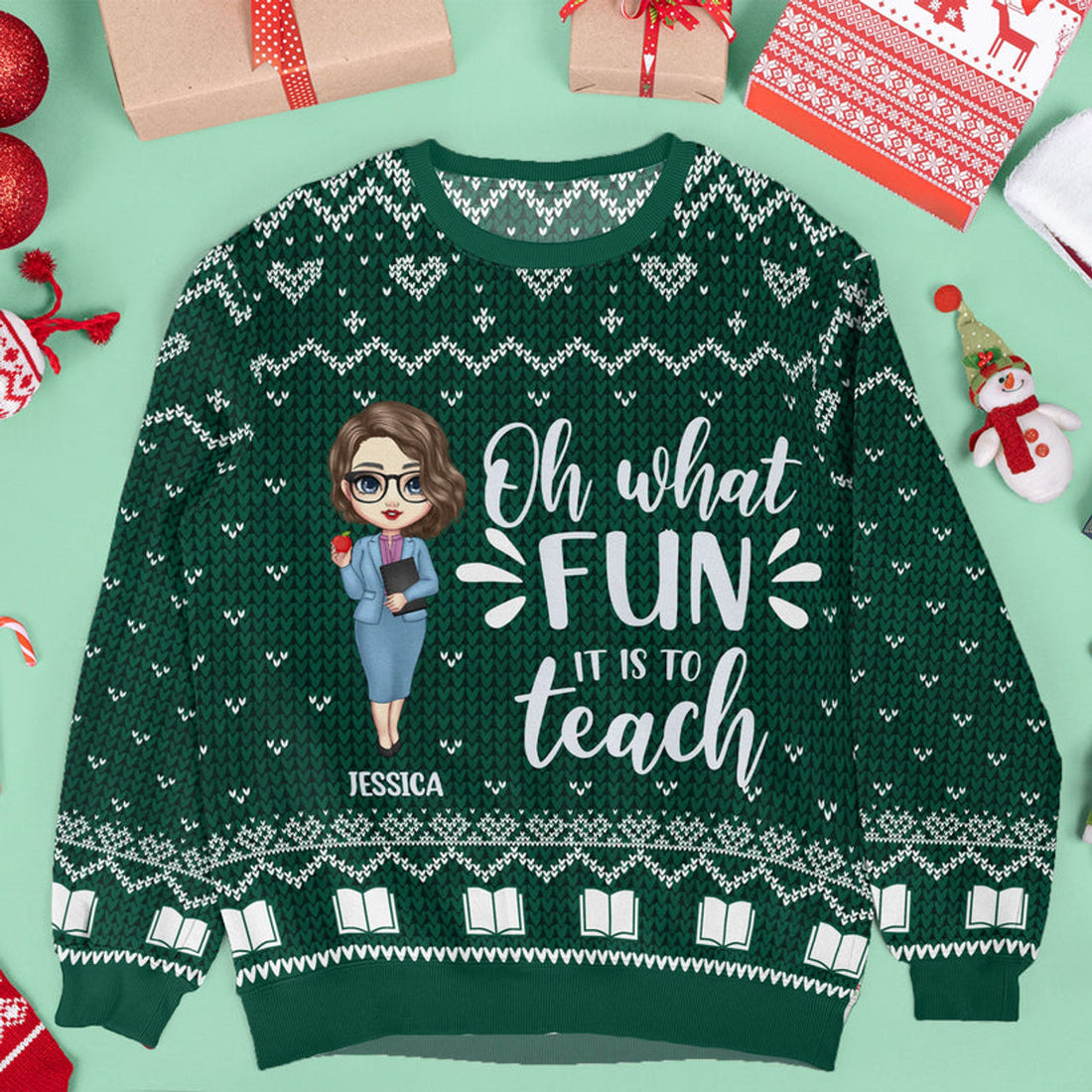 FUNSTUFFPRINT Custom Santa's Favorite Teacher Ugly Sweater