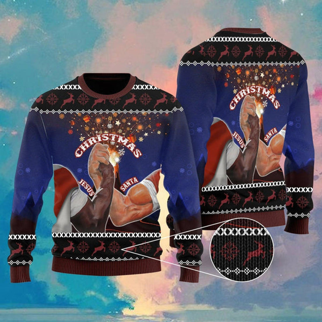 FUNSTUFFPRINT Santa And Jesus Christmas Ugly Christmas Sweater For Men & Women - Jesus Christ Sweater Ugly  Sweater