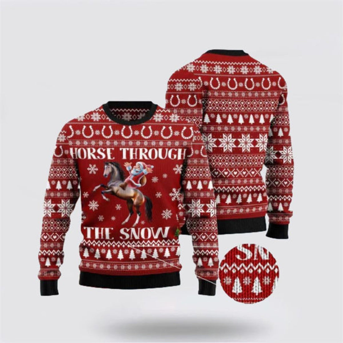 FUNSTUFFPRINT Santa Claus Horse Through The Snow Red Ugly Christmas Sweater For Men And Women, Best Gift For Christmas, The Beautiful Winter Christmas Outfit Ugly Sweater