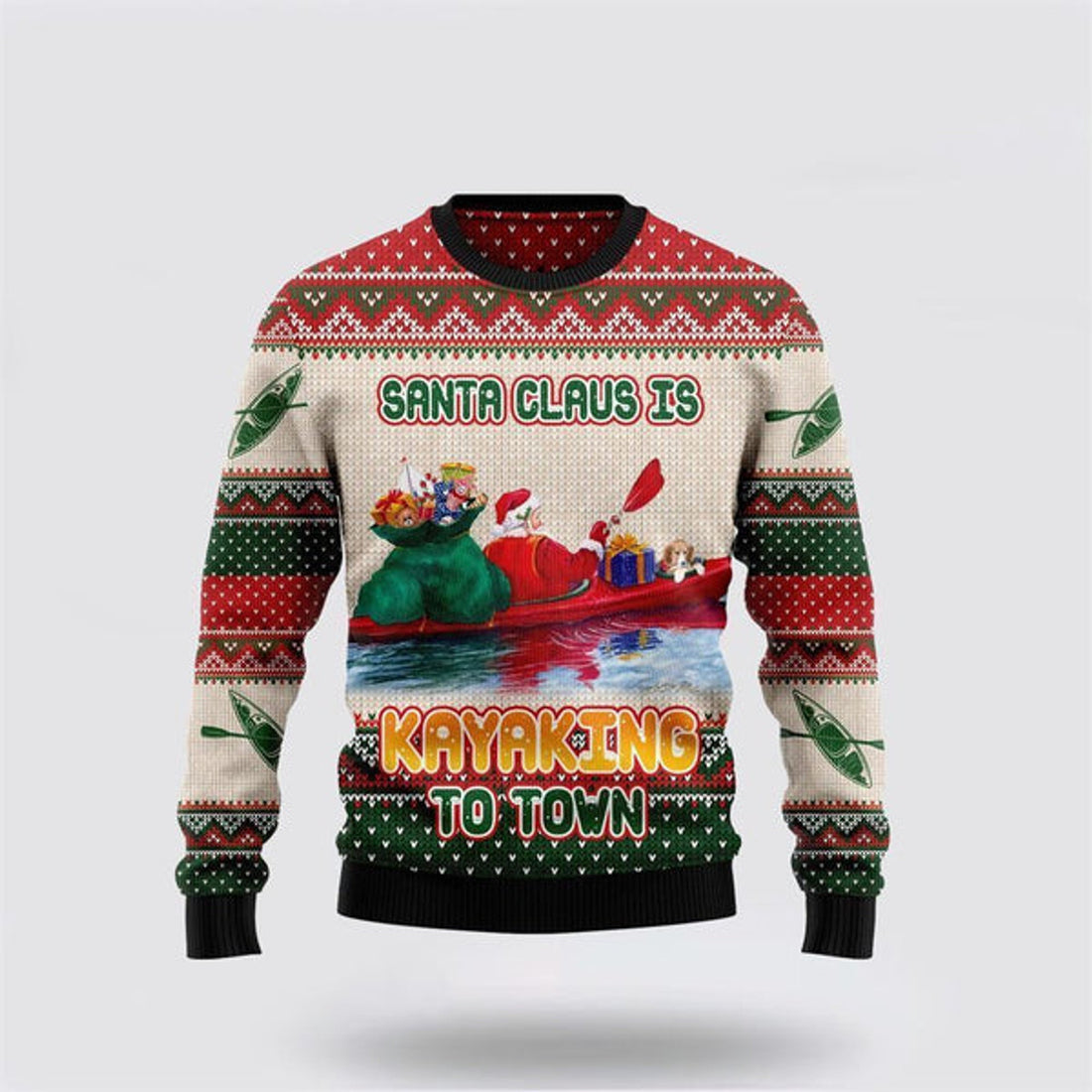FUNSTUFFPRINT Santa Claus Is Kayaking To Town Ugly Christmas Sweater For Men And Women, Best Gift For Christmas, The Beautiful Winter Christmas Outfit Ugly Sweater
