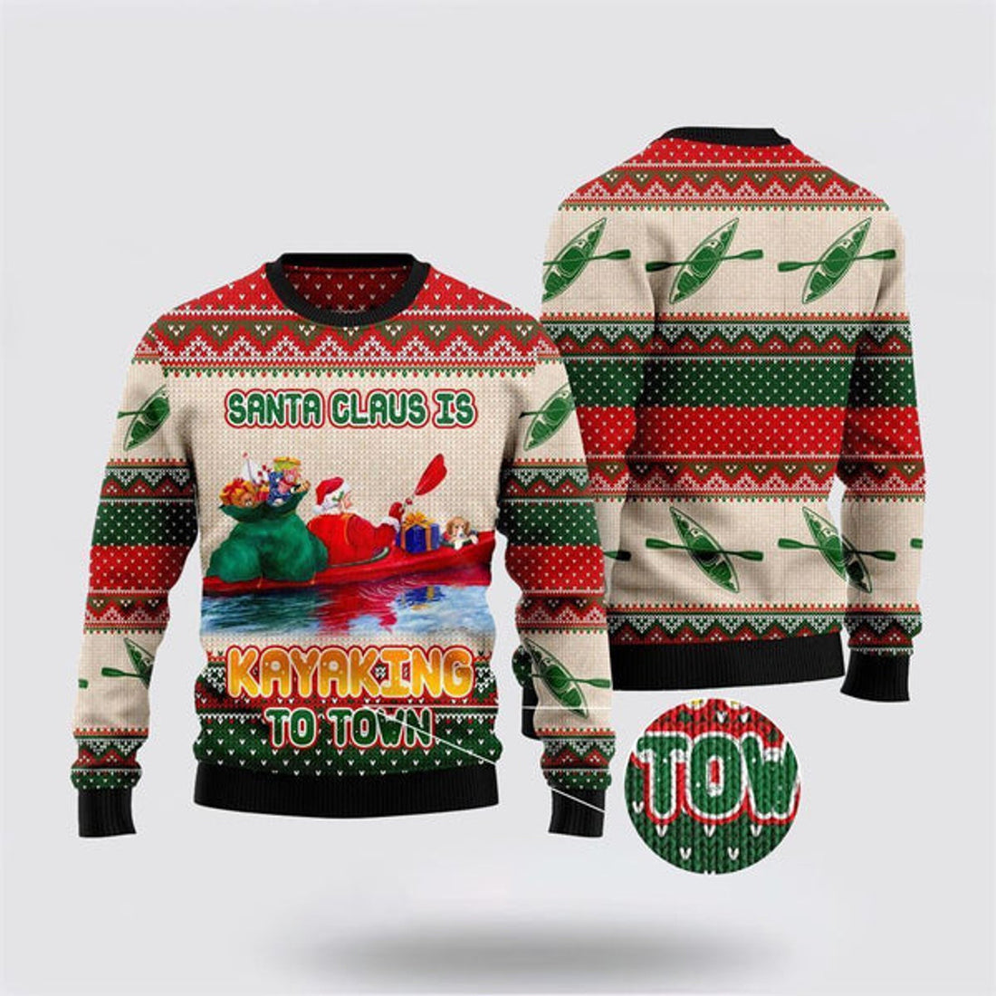 FUNSTUFFPRINT Santa Claus Is Kayaking To Town Ugly Christmas Sweater For Men And Women, Best Gift For Christmas, The Beautiful Winter Christmas Outfit Ugly Sweater